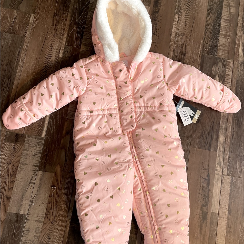 Children’s Place Snowsuit baby girl 12-18mo Pink/Metallic Gold Hearts